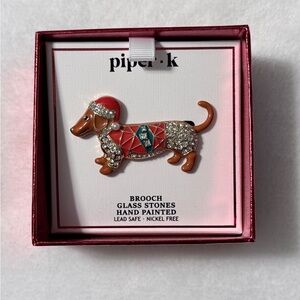 Piper K Red and Brown Dachshund Brooch with Glass Stones